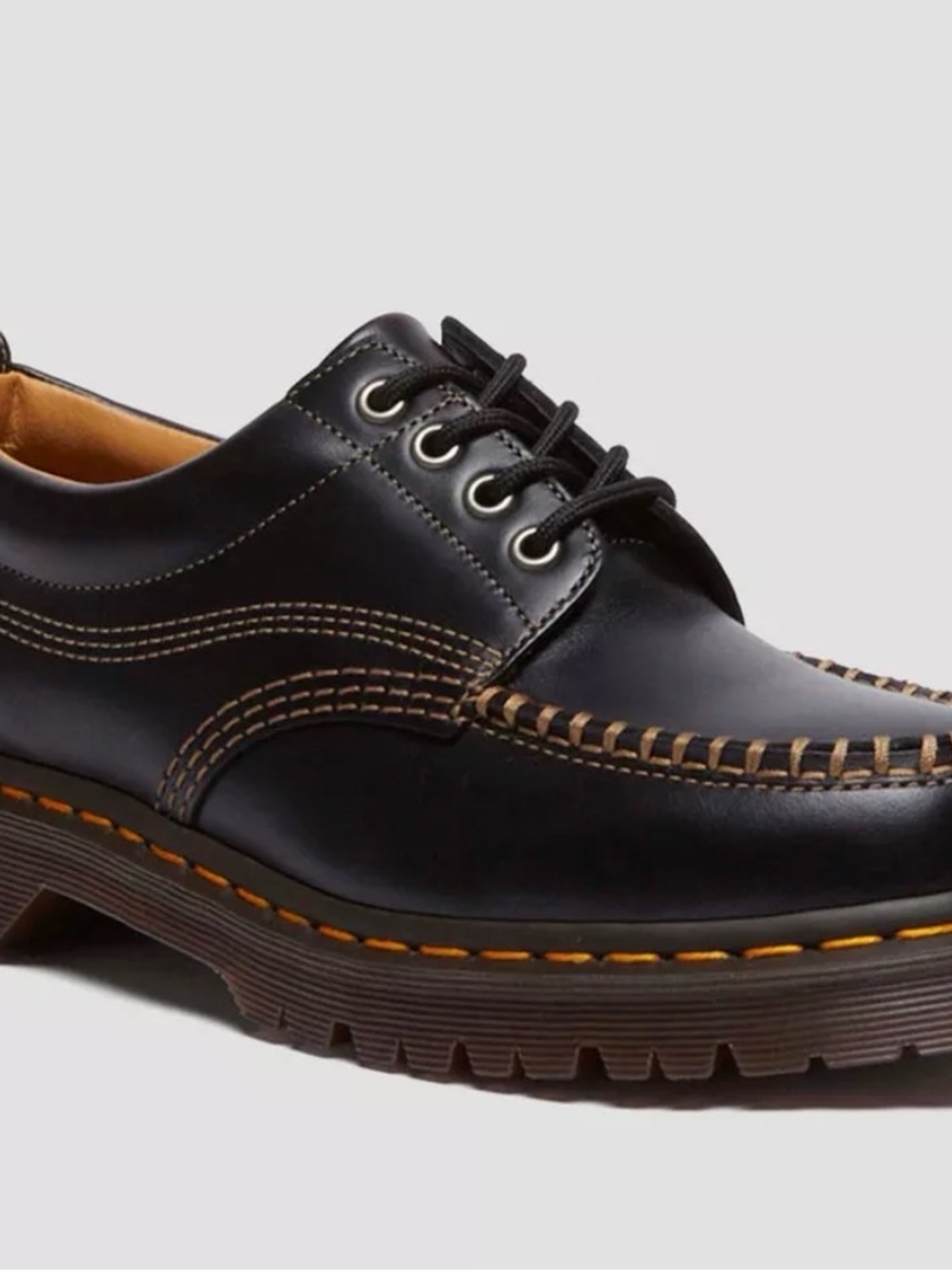 Lowell Dr. Martens Black Leather Lace-Up Moc Toe Loafer with Contrast Stitching